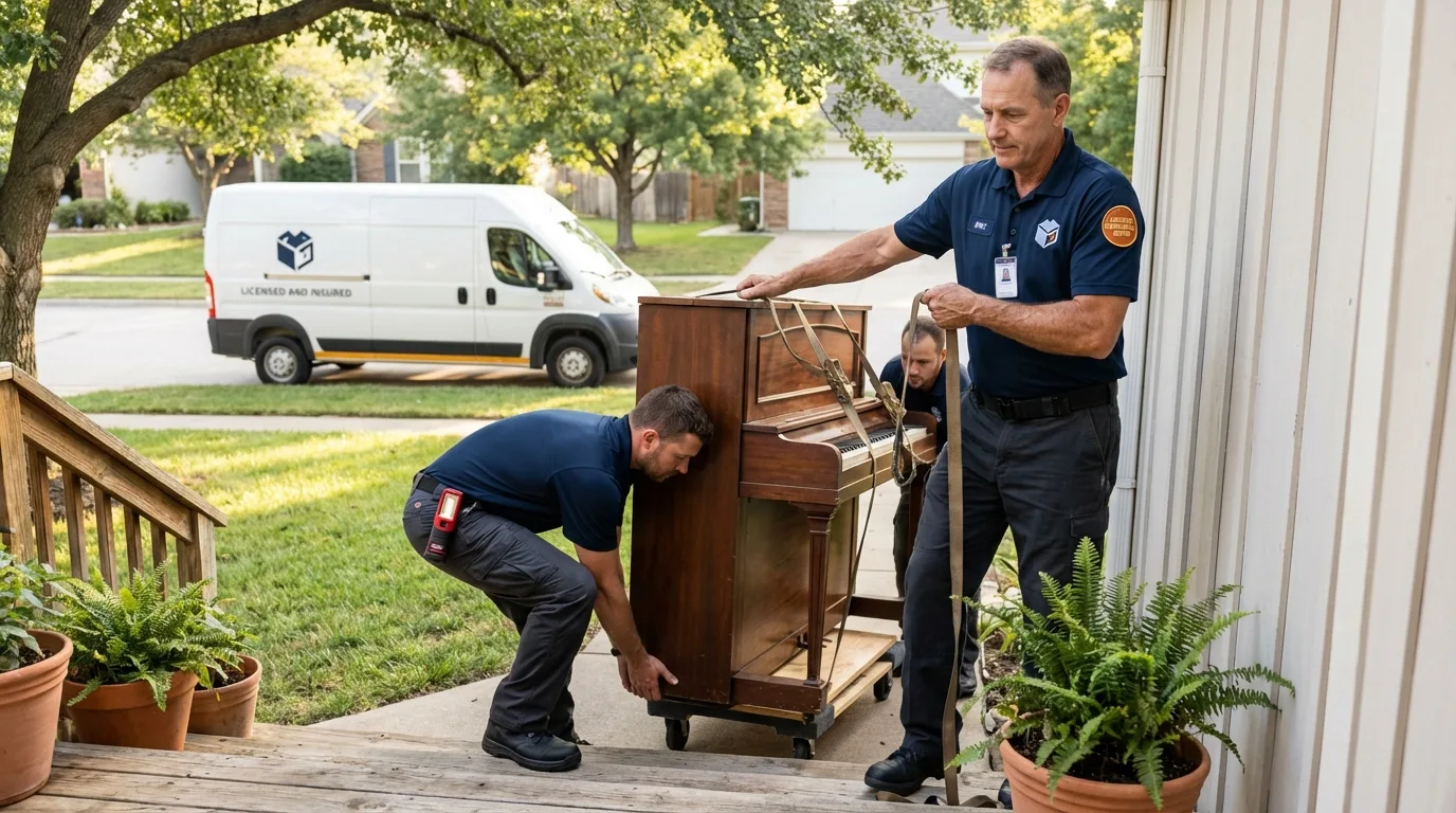 Licensed piano movers securing grand piano in Morocco, IN