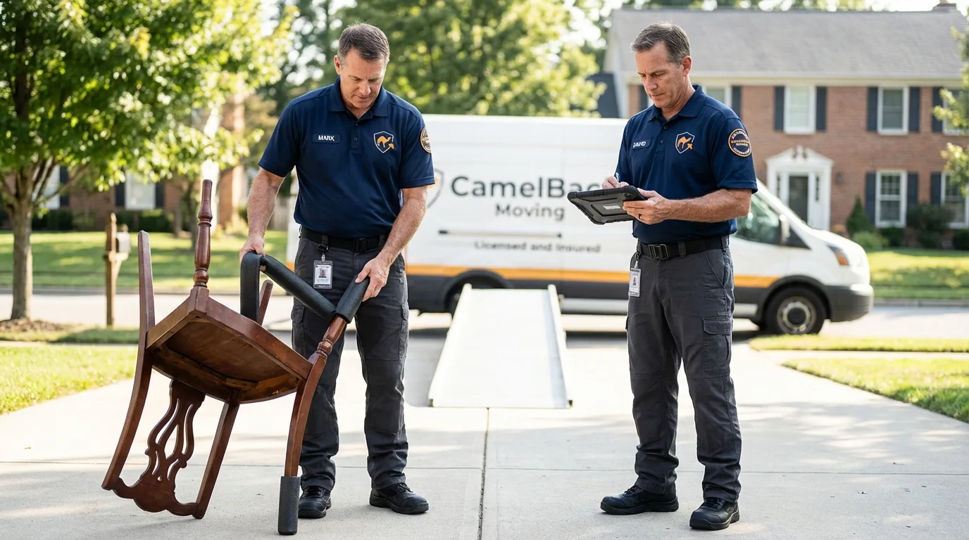 Movers inspecting furniture for damage prevention before loading in Morocco, IN