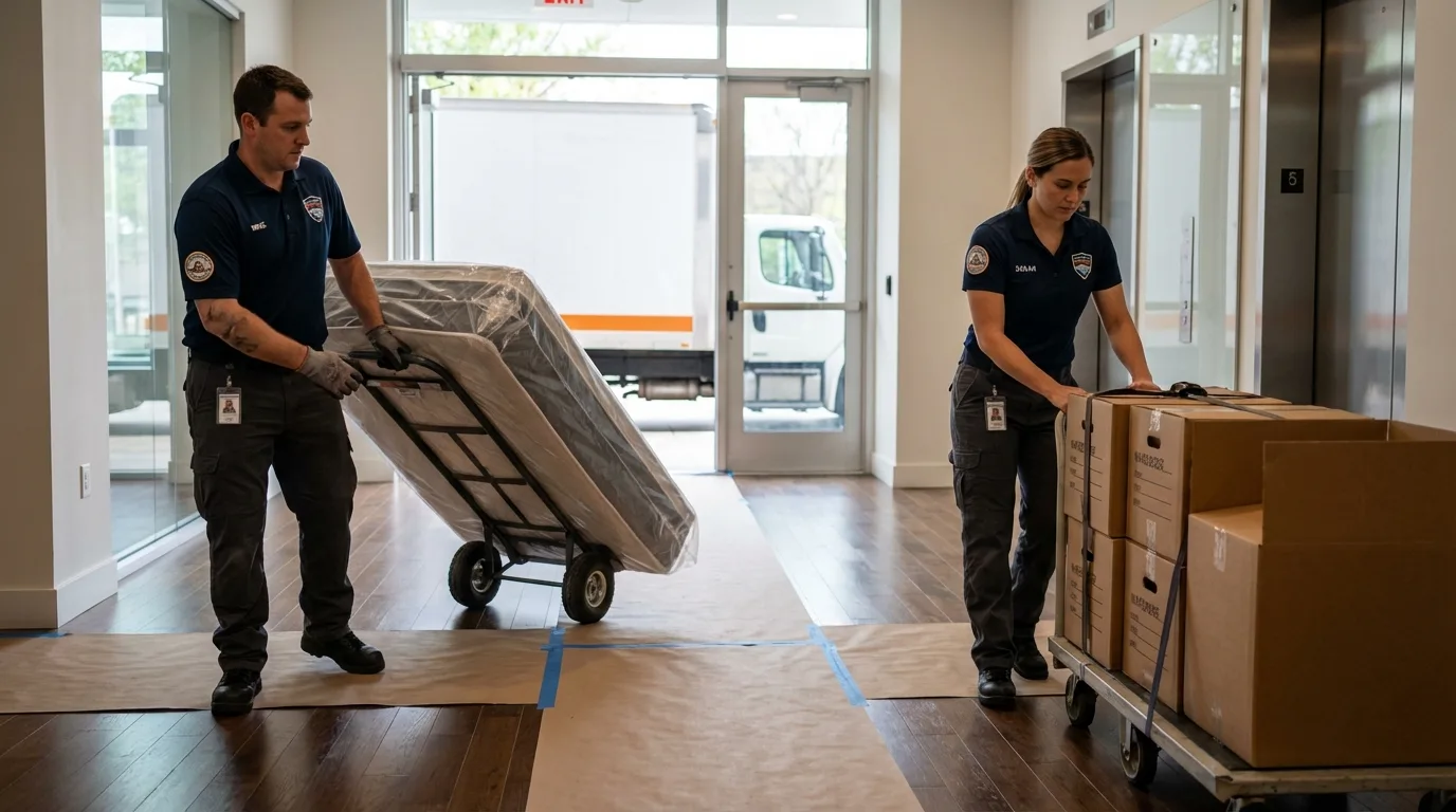 Professional apartment movers loading elevator in Morocco, IN