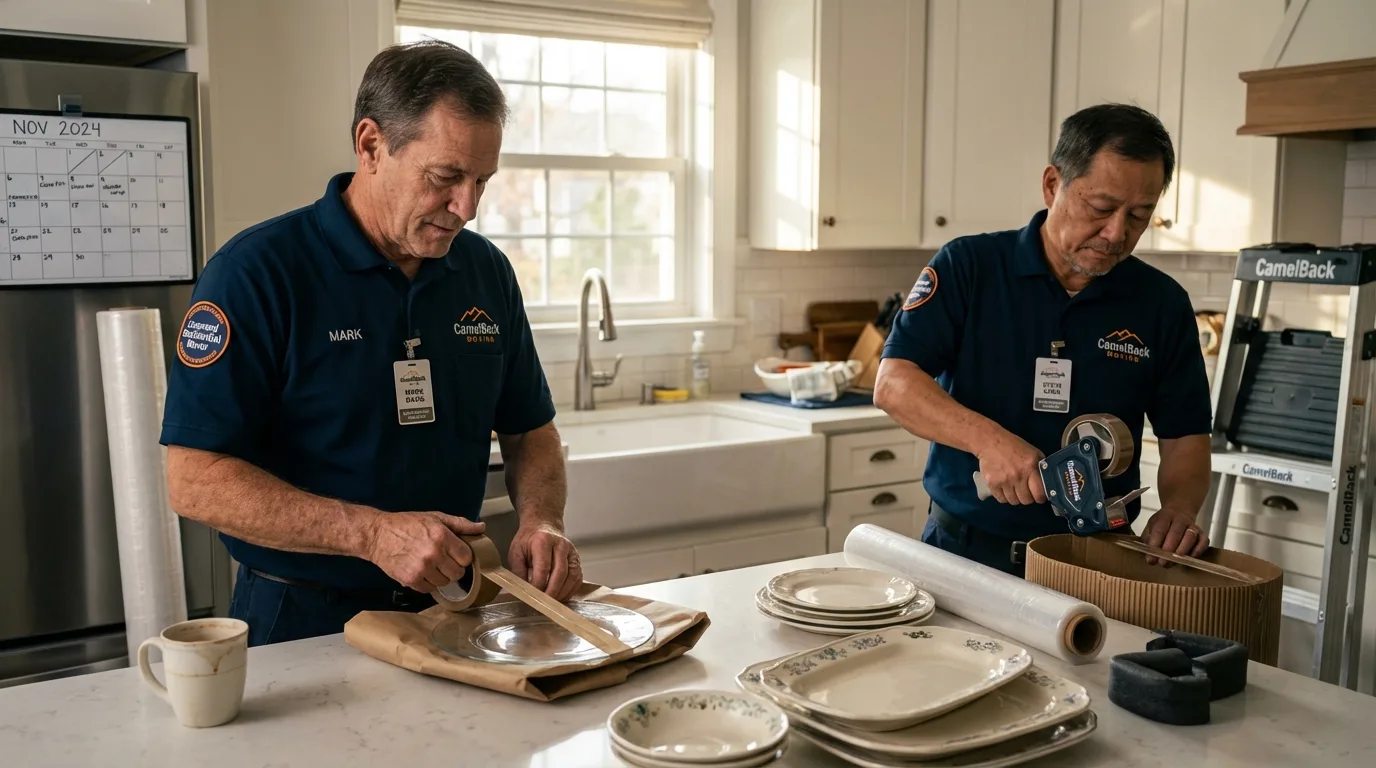 Professional crew packing kitchen dishware in Morocco, IN